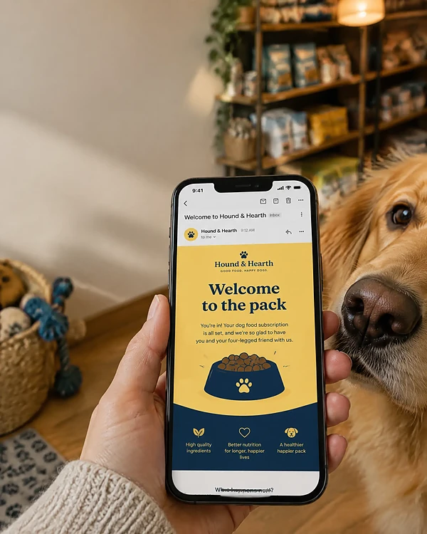 Phone in a pet shop showing a dog food welcome email