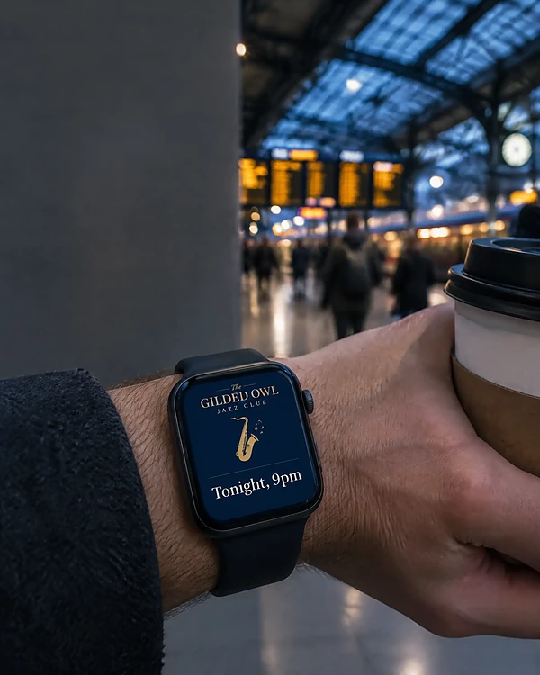 Smartwatch in a station showing a jazz club event reminder