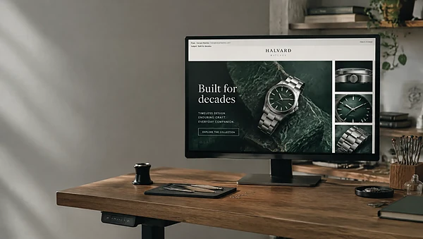 Monitor in a watch workshop showing an email hero banner
