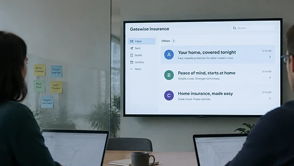 Meeting room screen comparing three email subject lines