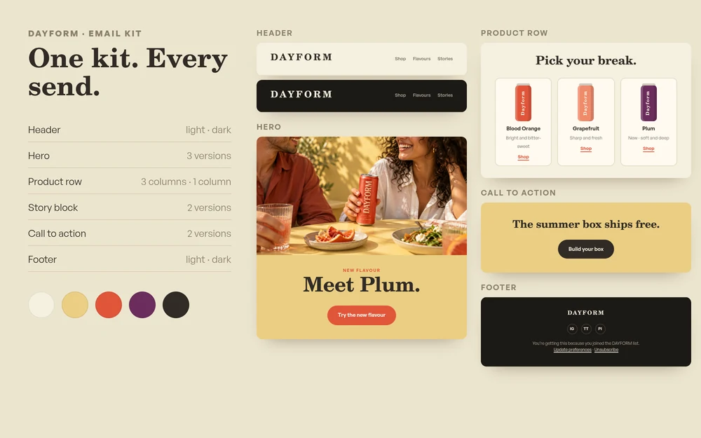 The DAYFORM email kit the launch is built from: header, hero, product row, call to action and footer