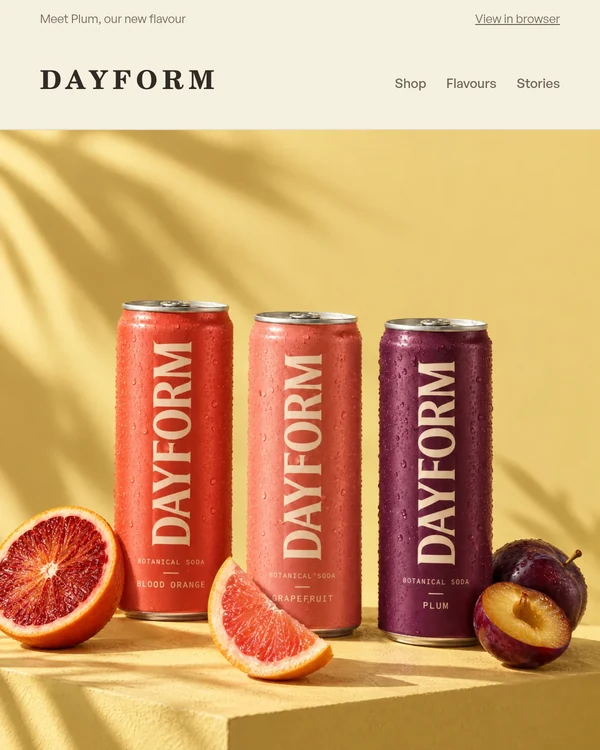 The DAYFORM launch email opening on a desktop, Meet Plum.