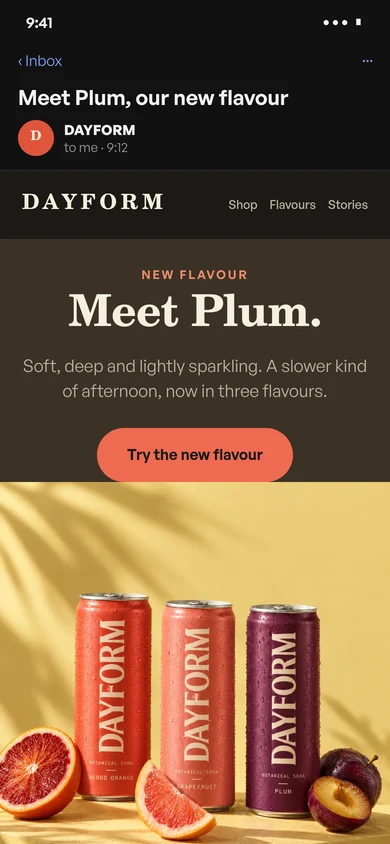 The same launch email on a phone in dark mode