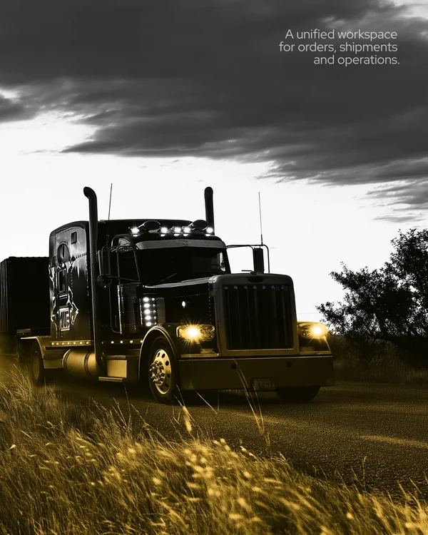 FlowShip campaign visual: a truck at dusk with the line A unified workspace for orders, shipments and operations