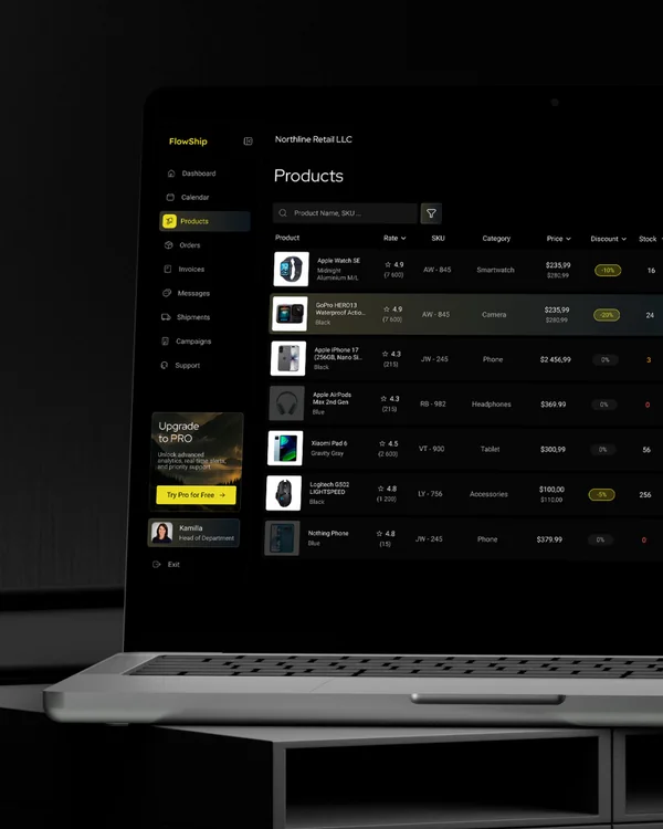 FlowShip campaign visual: the products view on a laptop