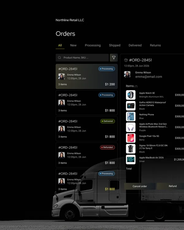 FlowShip campaign visual: the orders list over a truck