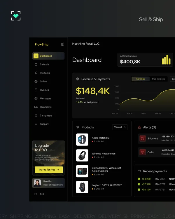 FlowShip campaign visual: the dashboard with revenue, products and alerts