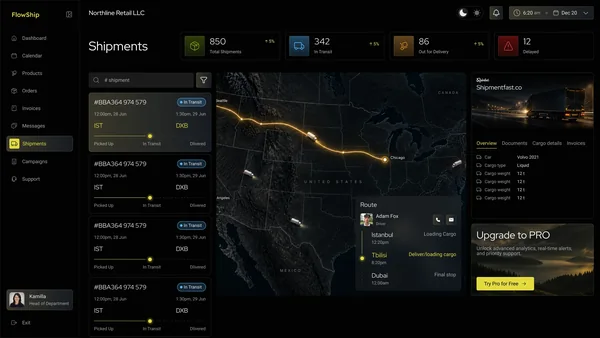 FlowShip shipments view with the route map and shipment details