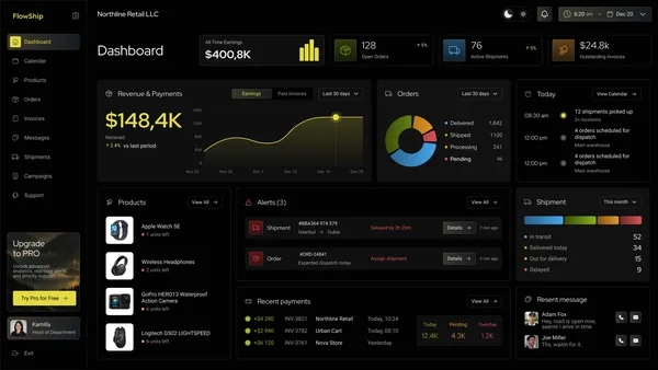 FlowShip dashboard with revenue, orders, alerts and recent payments