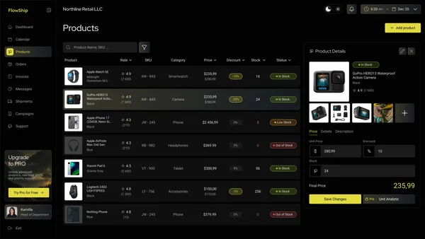 FlowShip products view with stock, prices and the product details panel