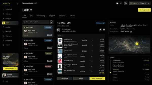 FlowShip orders view with the order items, the delivery map and the order status
