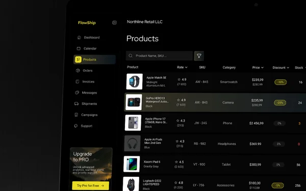 FlowShip products view on a laptop, with stock, prices and discounts