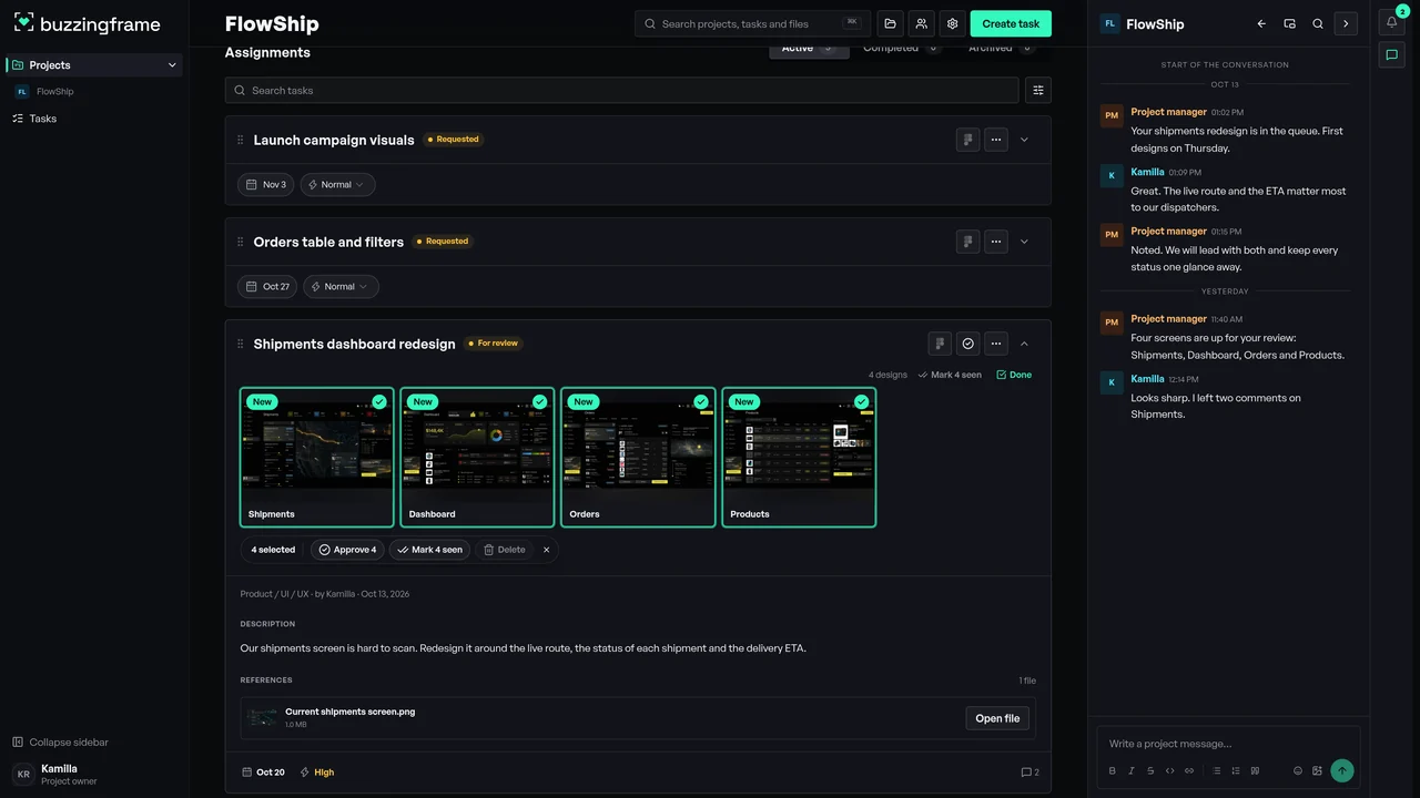 The FlowShip task in Studio: all four designs selected, with the Approve 4 button