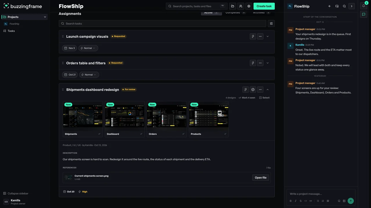 The FlowShip project in Studio: four new designs marked New and ready for review