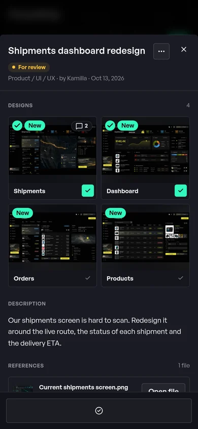 On a phone: the FlowShip task in Studio: all four designs selected, with the Approve 4 button