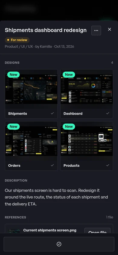 On a phone: the FlowShip project in Studio: four new designs marked New and ready for review