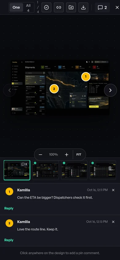 On a phone: the design viewer in Studio: two pinned comments on the new shipments screen