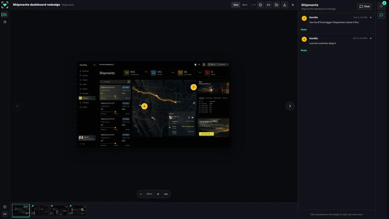 The design viewer in Studio: two pinned comments on the new shipments screen