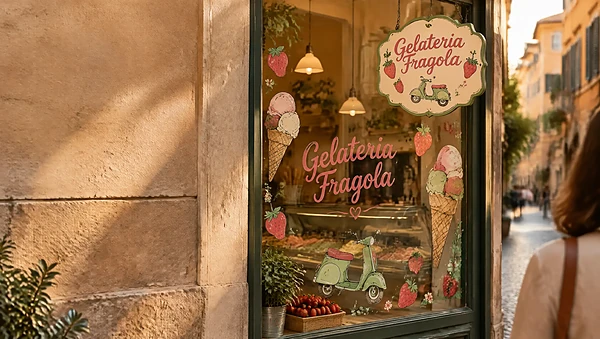 Ice-cream shop window in Rome covered in playful brand illustrations