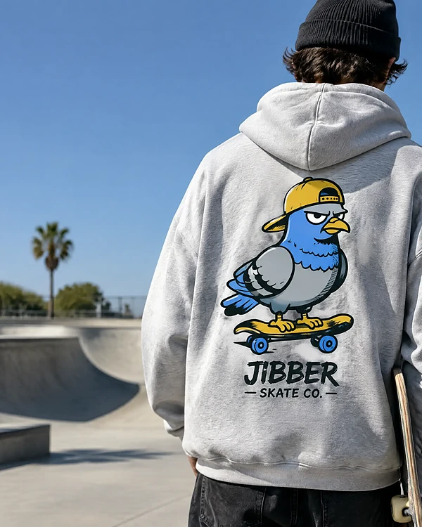 Skater's hoodie printed with a grumpy pigeon mascot