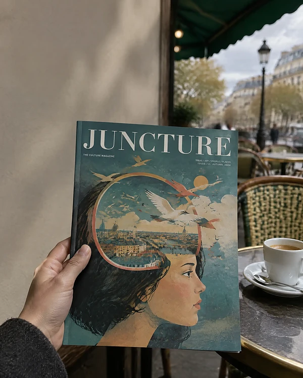 Magazine with an illustrated cover held on a Paris café terrace