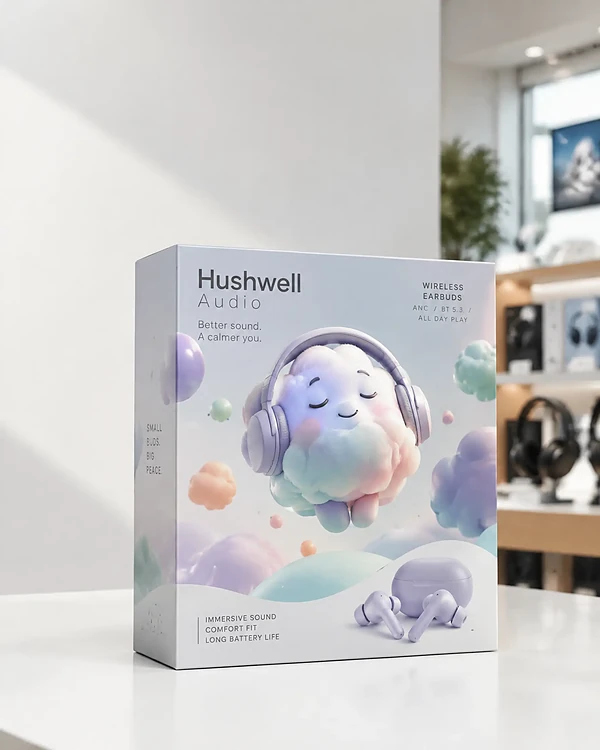 Earbuds box with a glossy pastel 3D character illustration