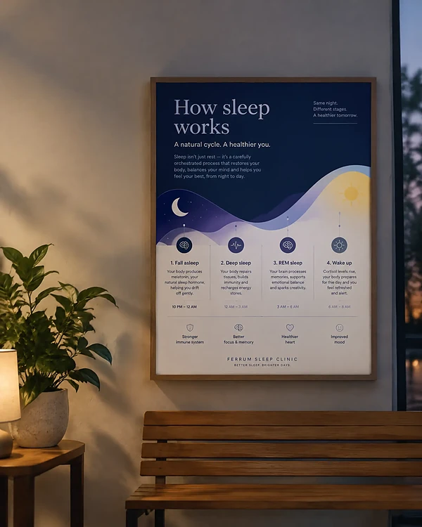 Waiting room poster with an illustrated sleep cycle infographic