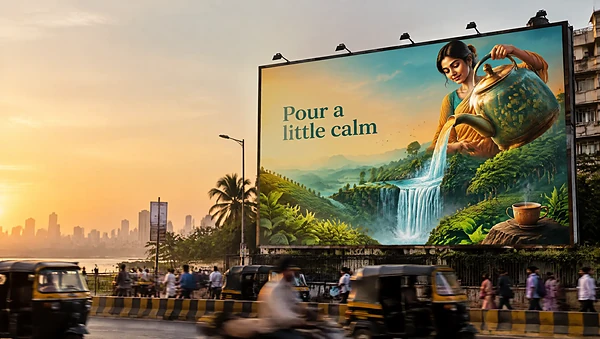 Mumbai street billboard with an illustrated tea campaign