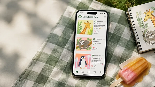 Phone on a picnic blanket showing a zoo's illustrated social posts