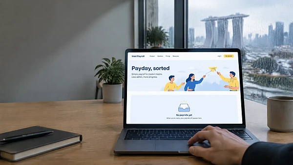Laptop showing a payroll website with friendly hero illustrations