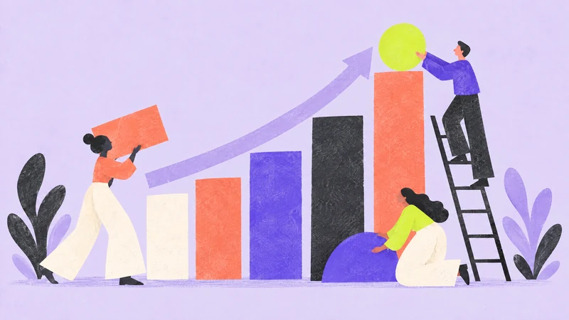 Illustrated infographic, three people building a rising bar chart
