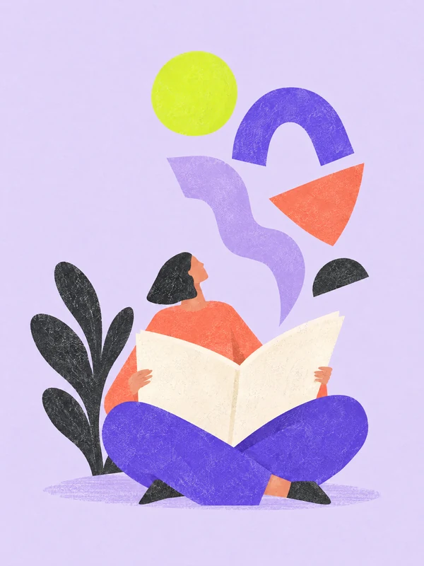 Editorial illustration, a woman reading as shapes rise from the book