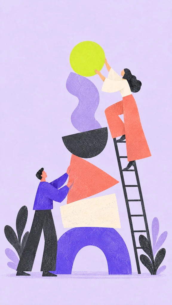 Story illustration, two people stacking shapes into a tower