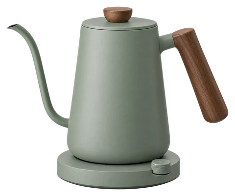 A sage green pour-over kettle on a white ground