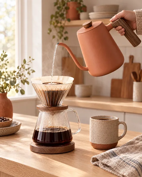 The clay HOLM Pour Kettle pouring into a glass pour-over in a sunlit kitchen