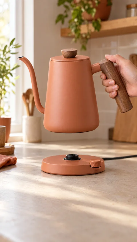 Vertical shot of a hand lifting the clay HOLM Pour Kettle off its base