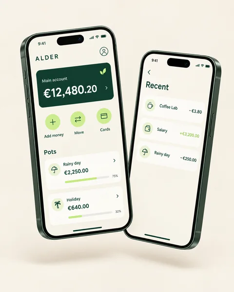 ALDER banking app on two phones: the main account with pots, and recent payments