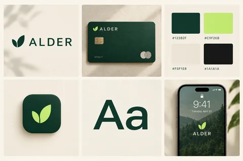 ALDER brand board with the sprout wordmark, the card, the palette, the app icon and the type