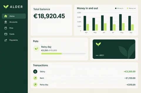 ALDER money dashboard with the total balance, money in and out, pots and transactions