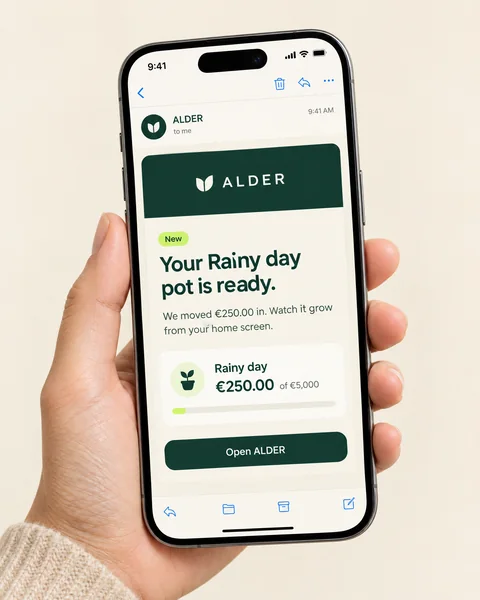 ALDER email on a phone: Your Rainy day pot is ready