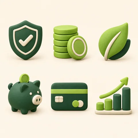 Six ALDER 3D icons in forest green and lime