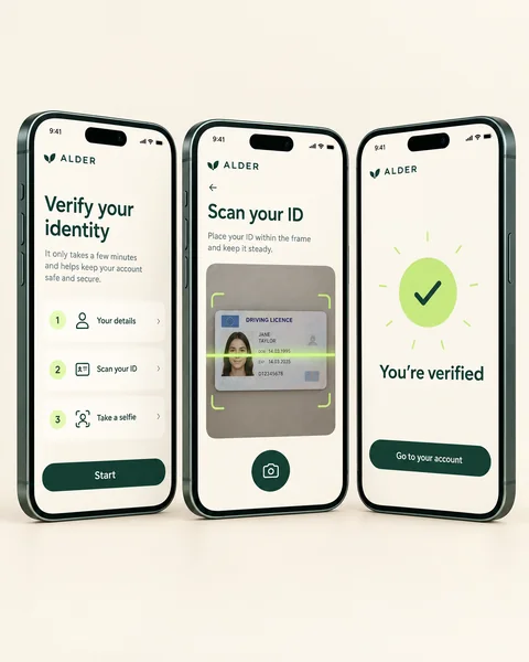 ALDER ID check on three phones: verify your identity, scan your ID, you’re verified