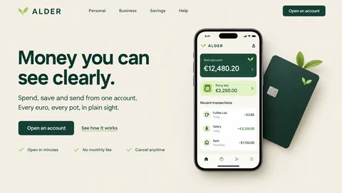 ALDER website hero: Money you can see clearly, with the app on a phone and the green card