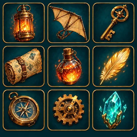 Nine EMBERLINE item icons, from the ember lantern to the teal crystal