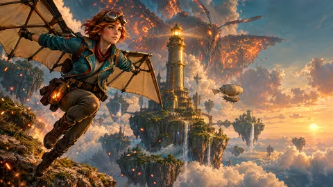 EMBERLINE key art: Wren leaping off a cliff with her glider, the brass lighthouse and the ember moth behind