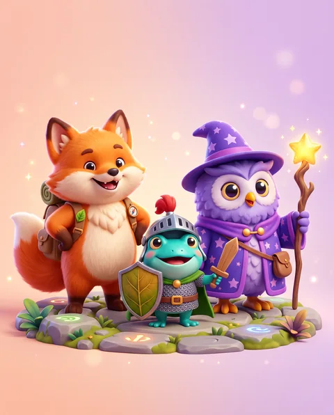 Three cartoon heroes for a mobile puzzle game: a fox, a frog knight and an owl wizard