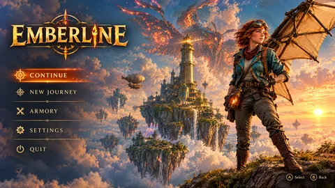EMBERLINE main menu with Wren on a cliff at sunset