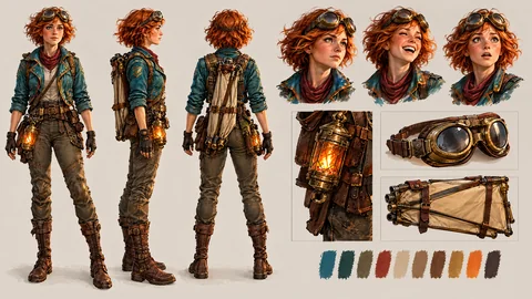 EMBERLINE character sheet for Wren: turnaround, expressions and gear details