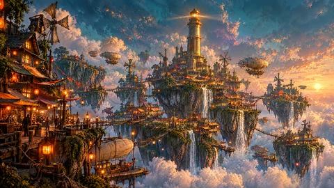 EMBERLINE concept art: a floating market town across sky islands at dusk