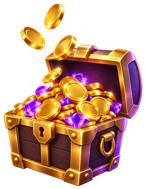 A 3D treasure chest overflowing with gold coins and purple gems